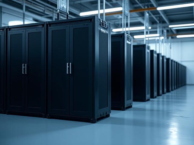 Logistics professional inspecting secured server racks ready for transport