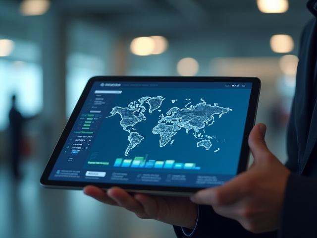 Logistics professional analyzing shipment data on a high-tech tablet dashboard