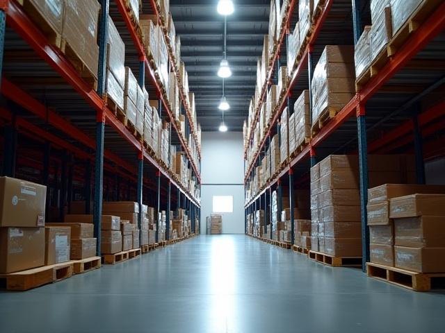 Clean and organized high-bay warehouse aisles at All Axis Transportation